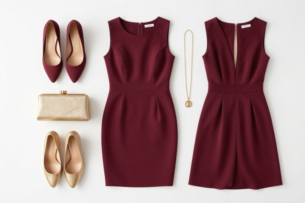 wedding guest outfit laid out with accessories