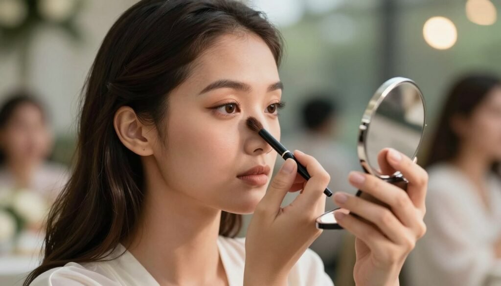 wedding guest touching up makeup showing longevity of brown eye makeup