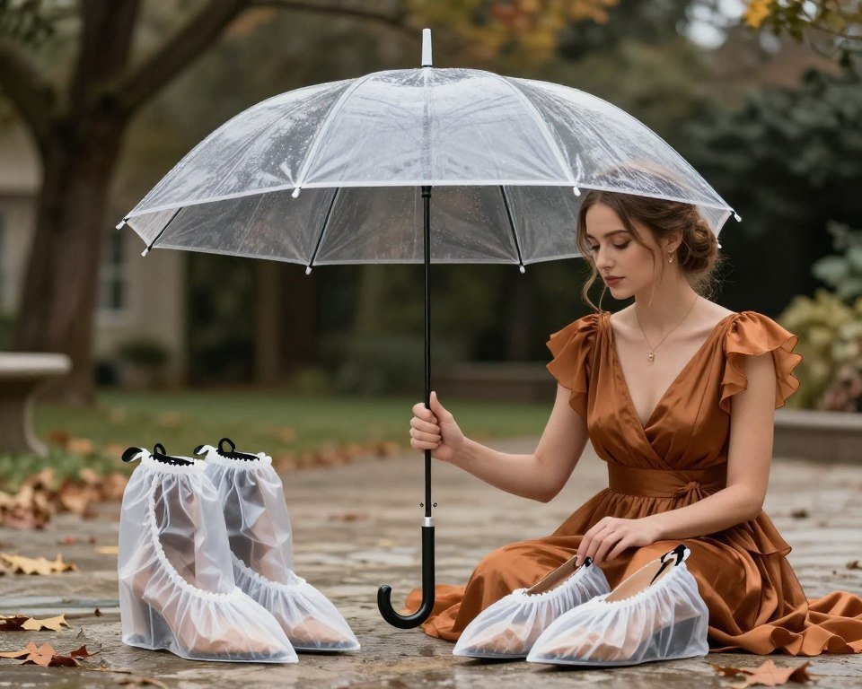wedding guest with elegant rain accessories