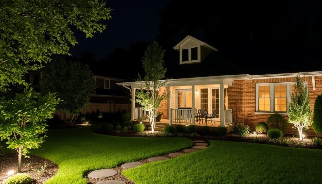 well-lit backyard with security lighting integrated into landscape design well-lit backyard with security lighting integrated into landscape design