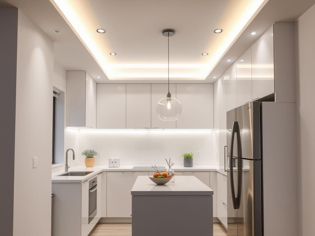 well-lit compact kitchen with strategic lighting