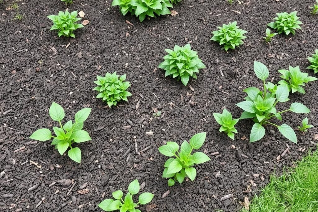 well-mulched garden bed with healthy low-maintenance plants