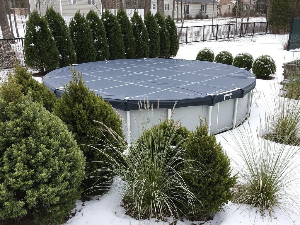 winterized pool area with evergreen landscaping winterized pool area with evergreen landscaping