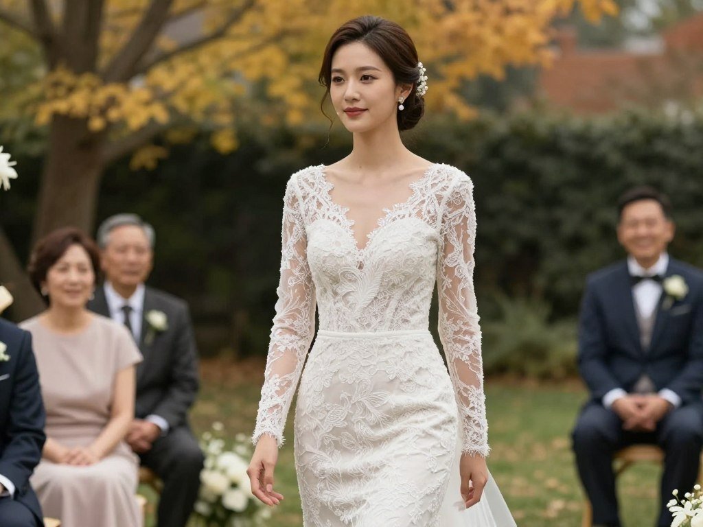 woman wearing elegant long sleeve lace wedding guest dress at outdoor ceremony