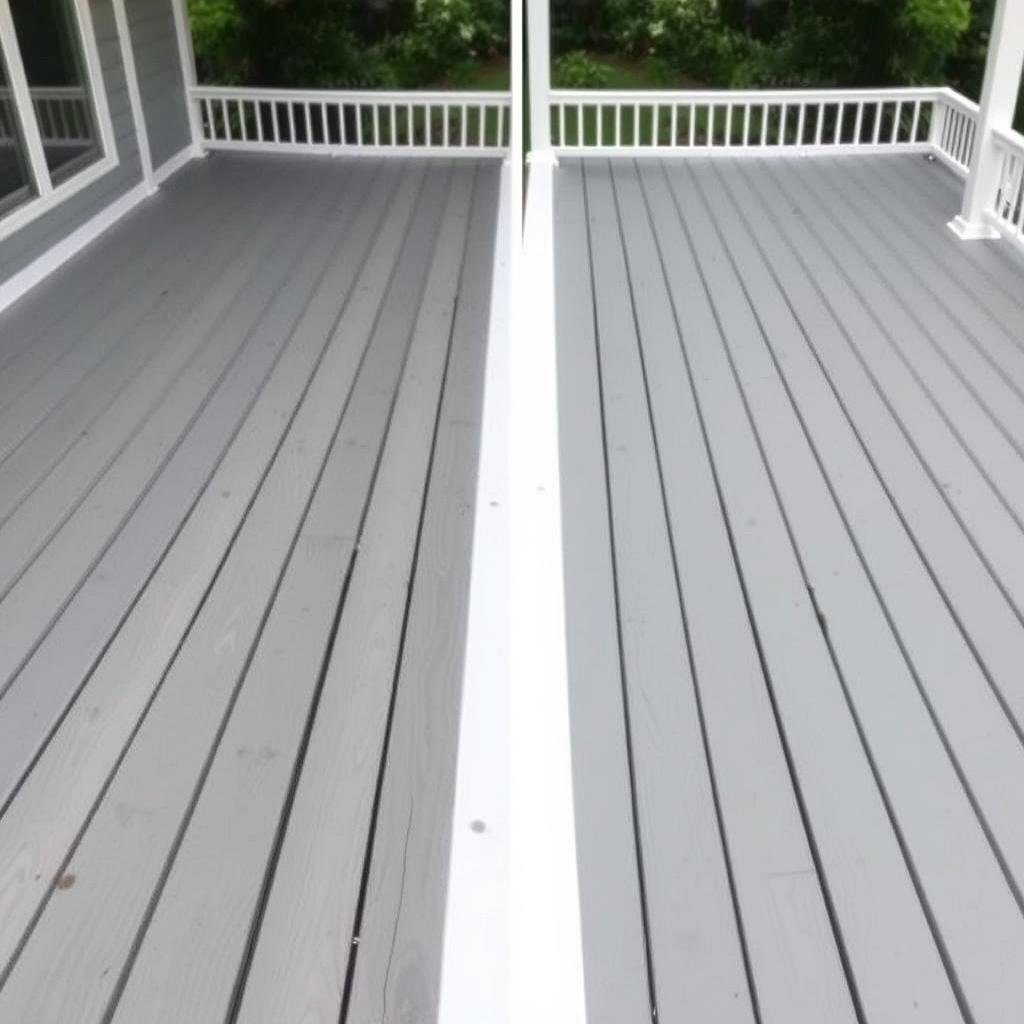 wooden deck painted in soft gray color with white trim