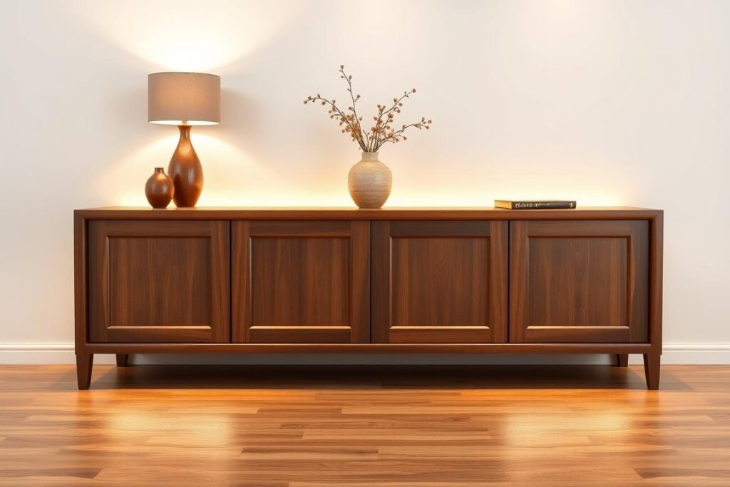 wooden sideboard with LED strip lights creating floating effect against wall wooden sideboard with LED strip lights creating floating effect against wall