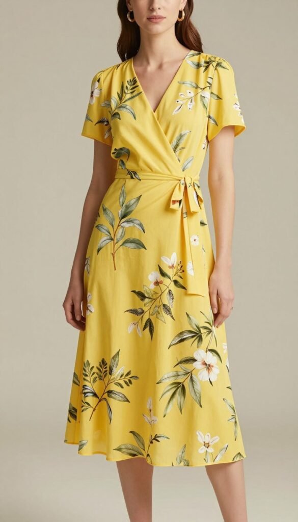 yellow floral midi dress with cheerful pattern
