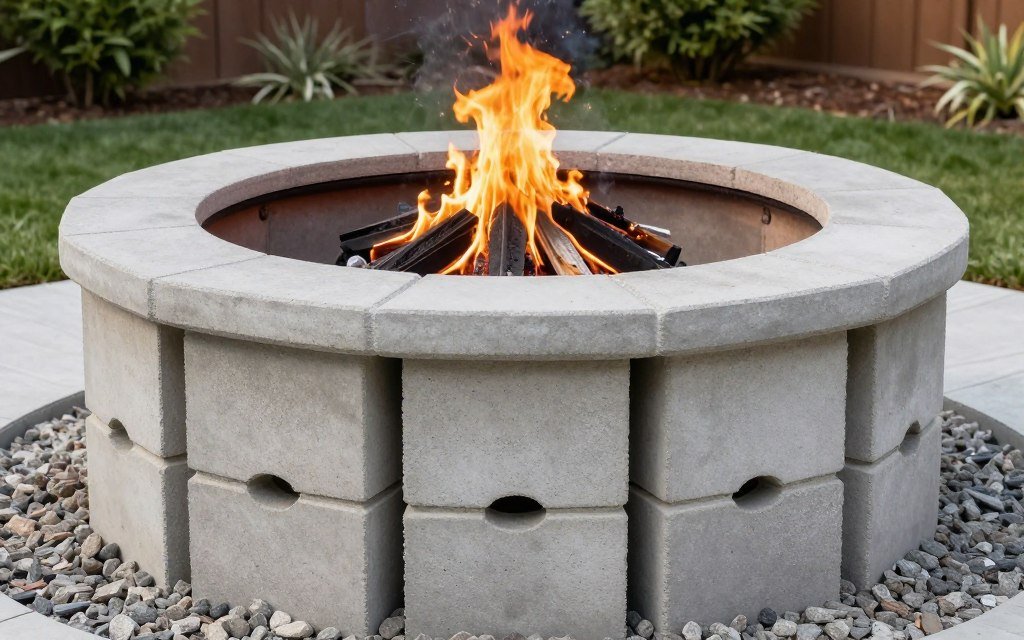 Above-ground stone fire pit with multiple rows of blocks