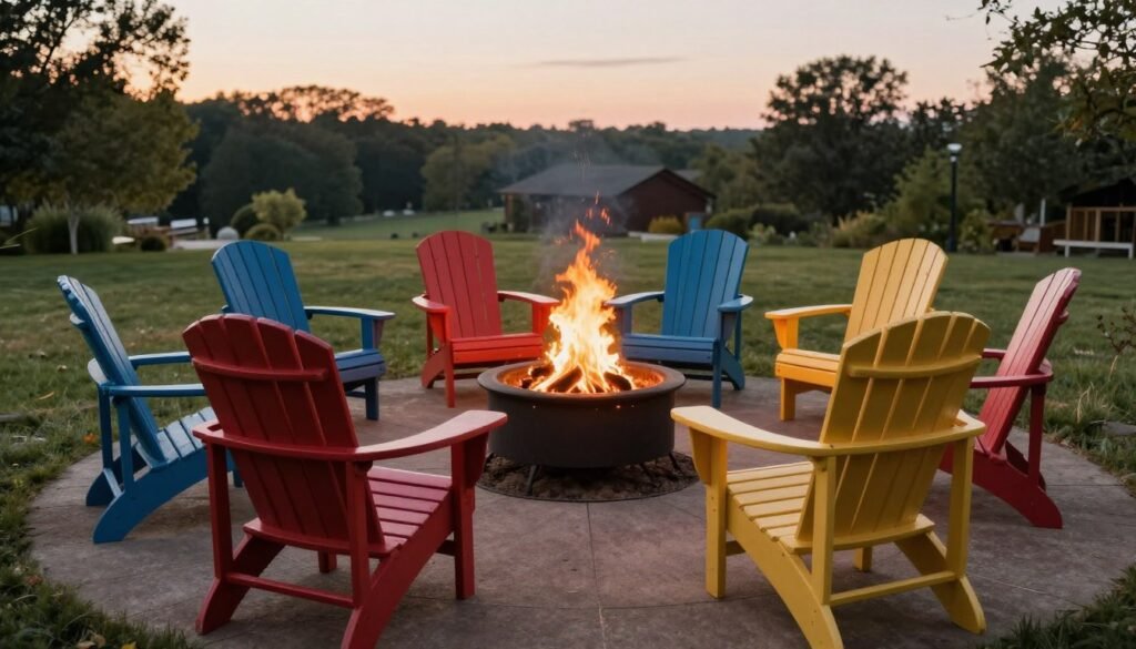 Adirondack chairs arranged around completed fire pit