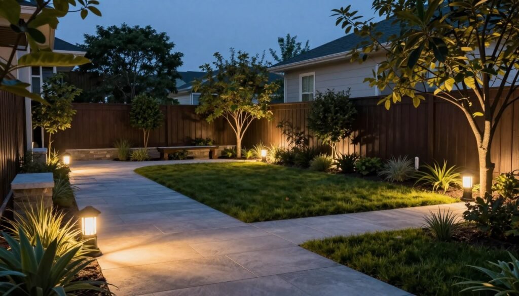 Backyard landscape with pathway lighting and uplighting on trees