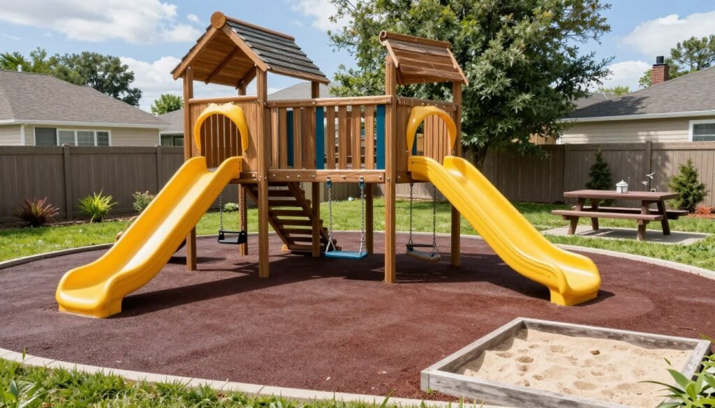 Backyard play area with climbing structure and safety surface