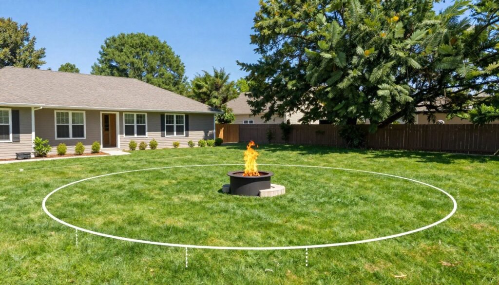 Backyard showing ideal fire pit placement away from house and trees