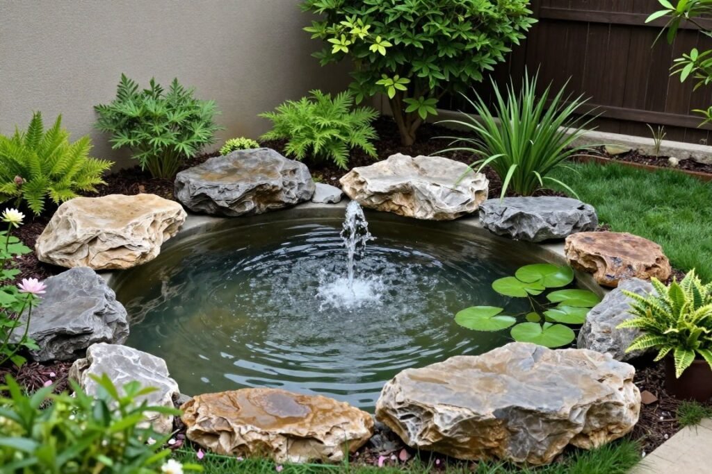 Backyard water feature with pond and fountain surrounded by plants