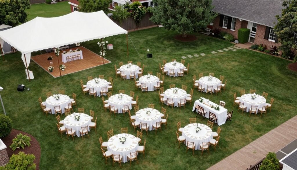 Backyard wedding planning layout with tables and chairs arrangement in spacious yard