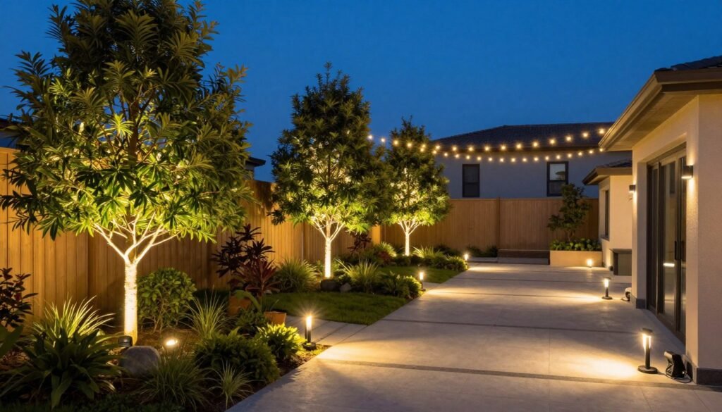 Backyard with multiple types of outdoor lighting at dusk