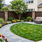 Beautiful backyard landscape design featuring lush garden beds and outdoor seating area