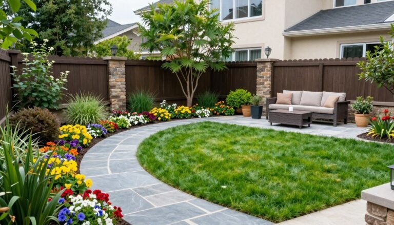 Beautiful backyard landscape design featuring lush garden beds and outdoor seating area