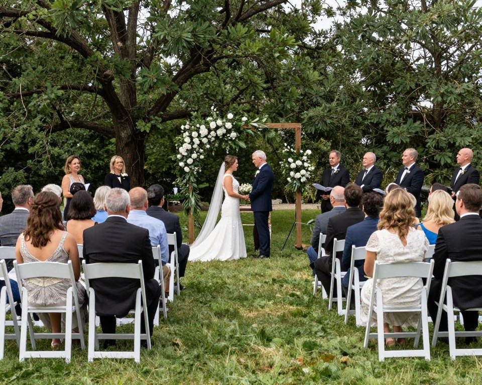 Beautiful backyard wedding ceremony in progress with guests seated and couple at altar