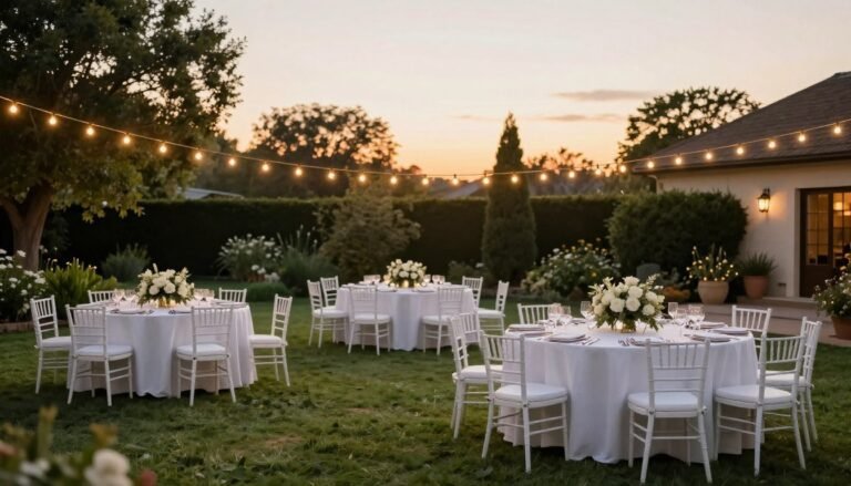 Beautiful backyard wedding reception with string lights and elegant table settings at sunset