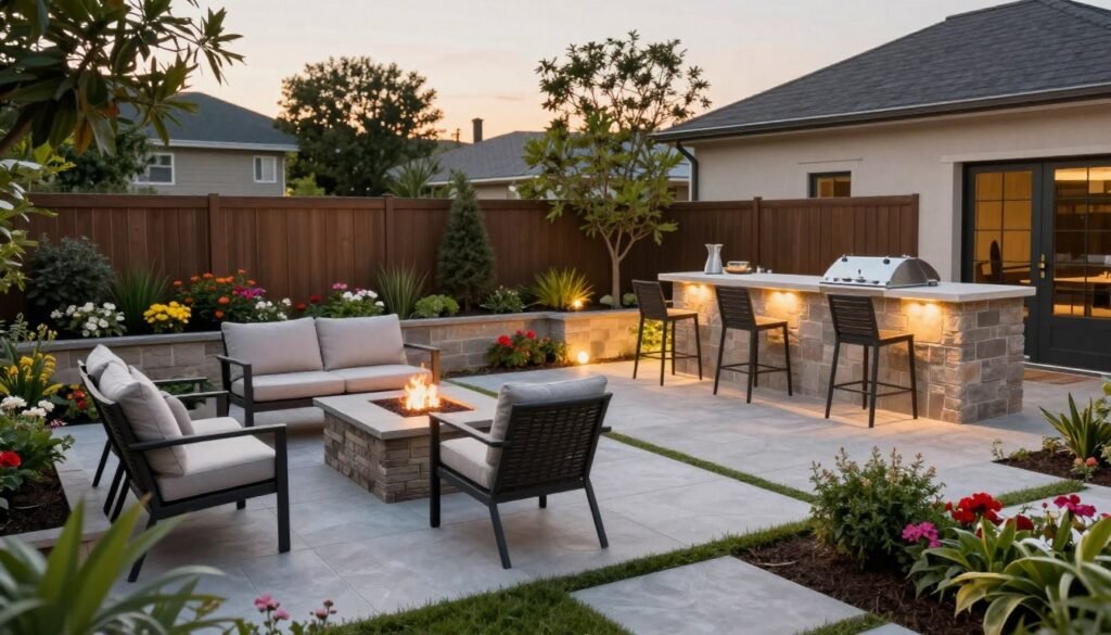 Beautiful completed backyard transformation showing multiple design elements
