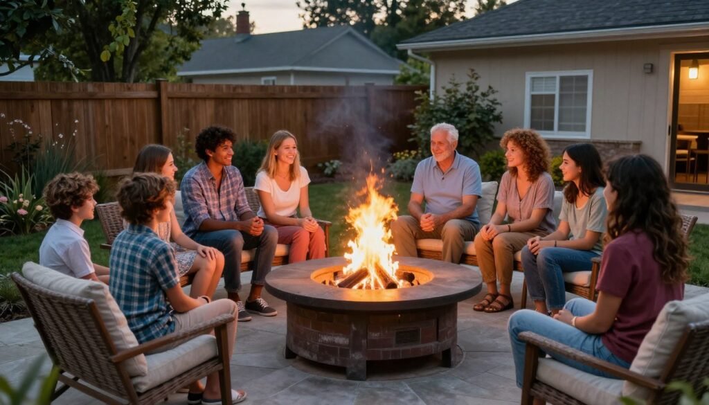 Beautiful completed fire pit with family gathered around