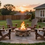 Beautiful firepits backyard diy project with stone border and Adirondack chairs