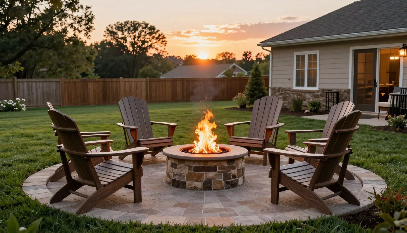 Beautiful firepits backyard diy project with stone border and Adirondack chairs