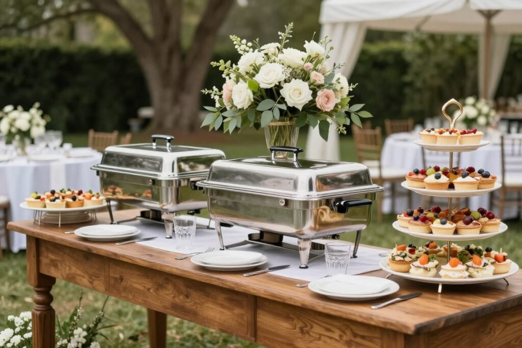 Beautiful outdoor buffet setup at backyard wedding with decorated food stations