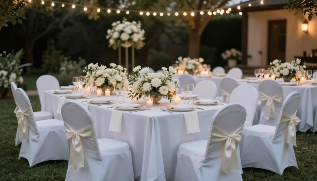 Beautifully decorated wedding reception tables with elegant chair covers and centerpieces