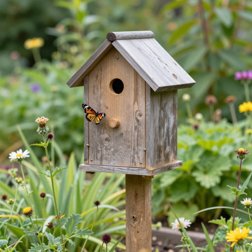 Bee hotel and butterfly house in garden setting