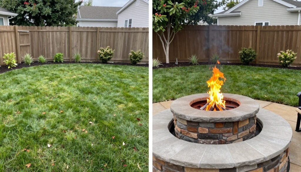 Before and after showing DIY fire pit transformation on budget