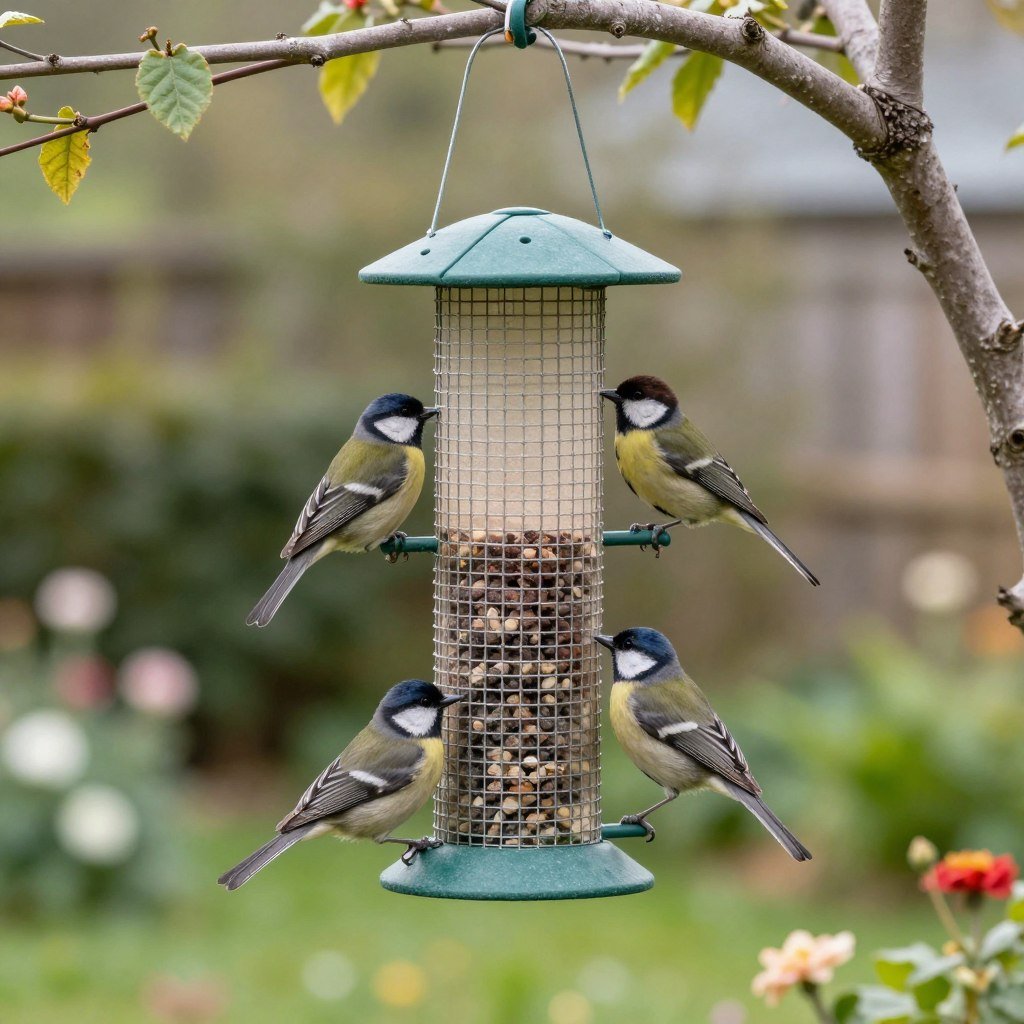 Bird feeder hanging in garden with songbirds