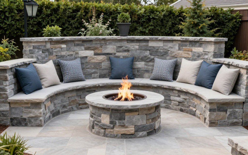 Built-in stone seating wall around fire pit area