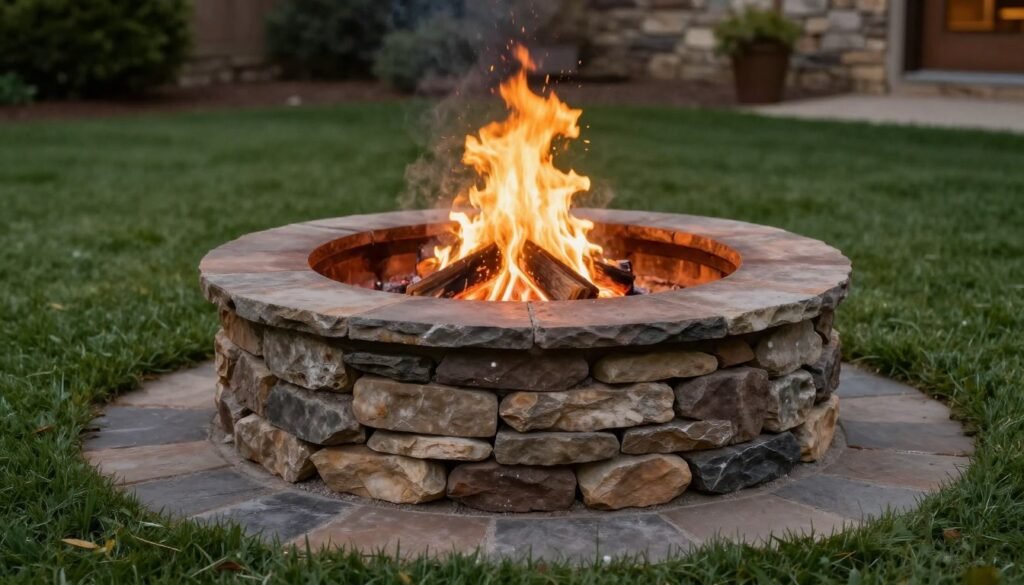 Classic round stone fire pit in traditional backyard setting