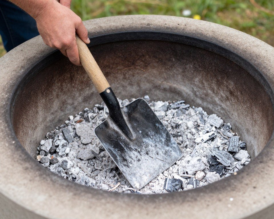 Cleaning ash from fire pit with shovel