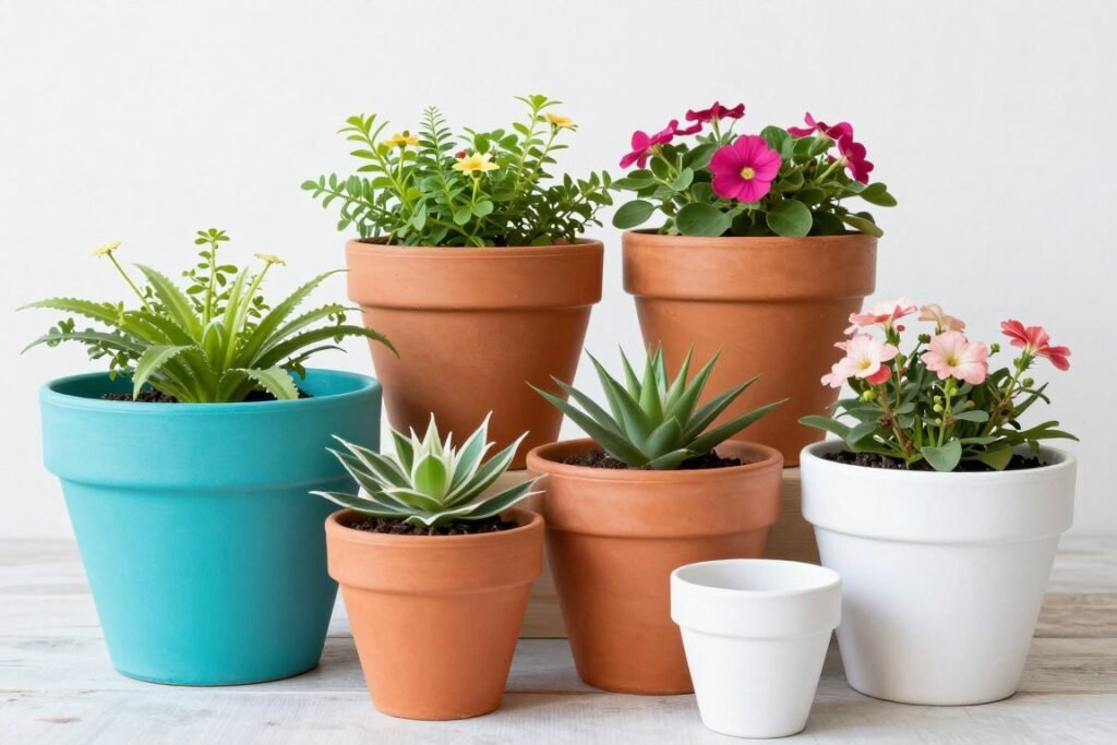 Collection of painted terracotta pots in coordinating colors