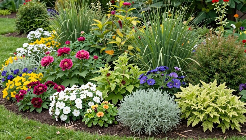 Colorful garden beds with variety of flowering plants and shrubs