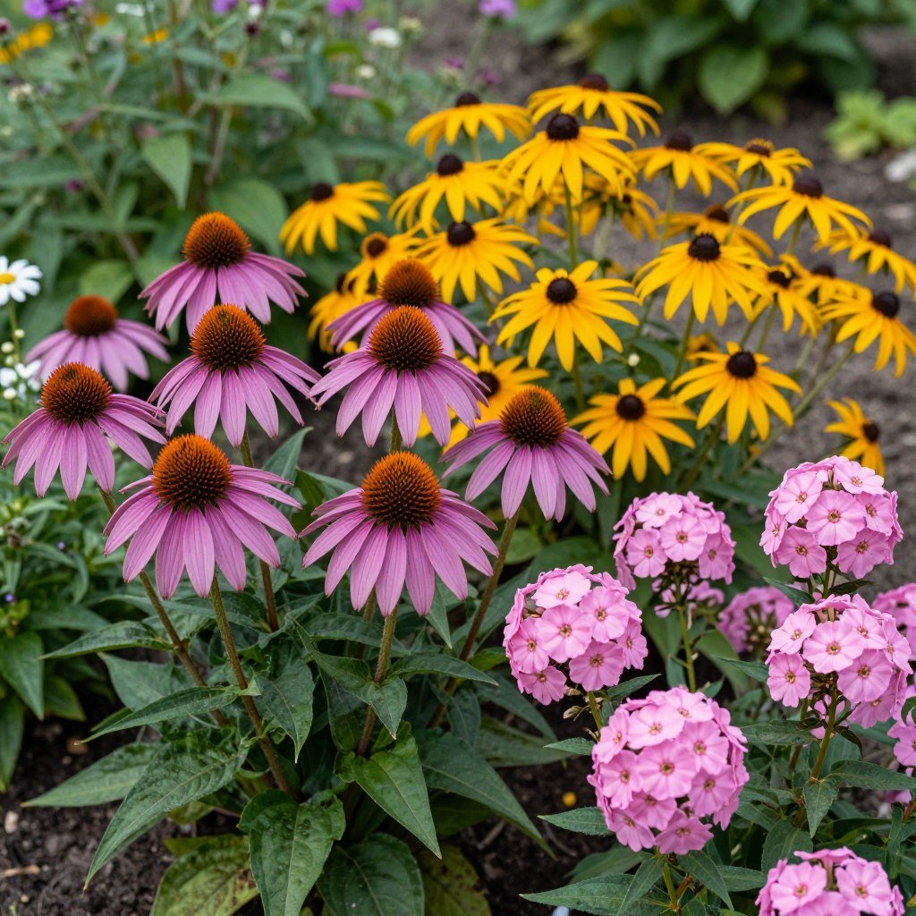 Colorful perennial flower bed with blooming flowers