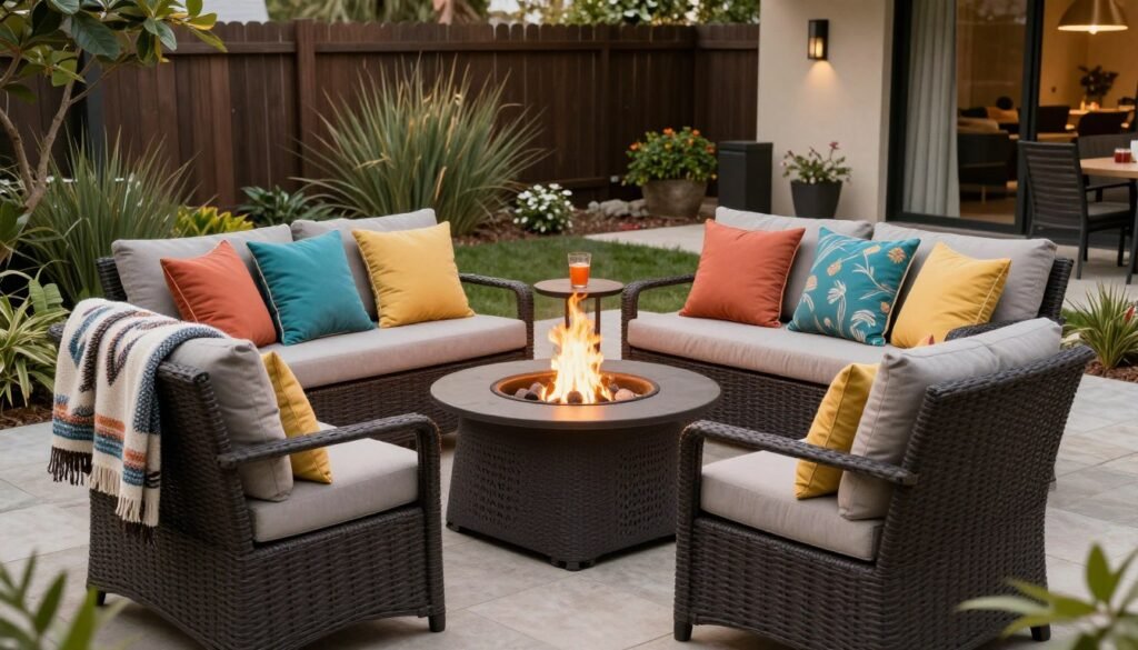 Comfortable fire pit seating area with cushions and blankets