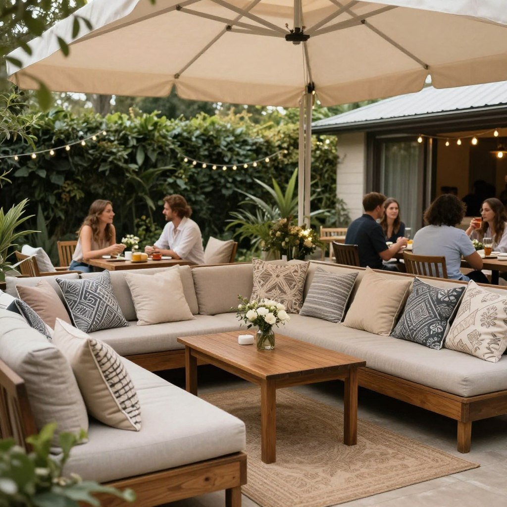 Comfortable lounge area at backyard wedding with cushioned seating and shade