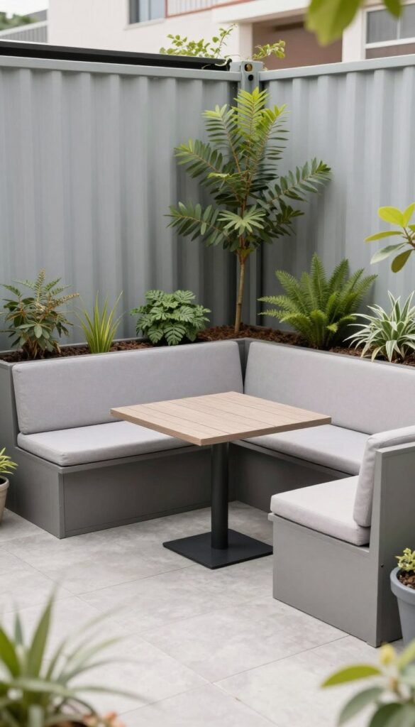 Compact patio with built-in seating and container garden