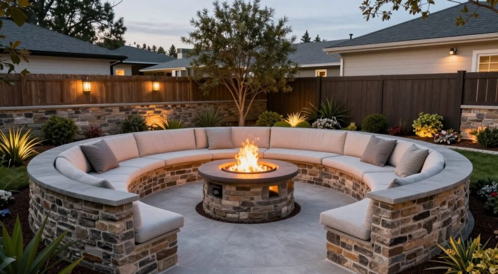 Complete fire pit area with multiple seating walls