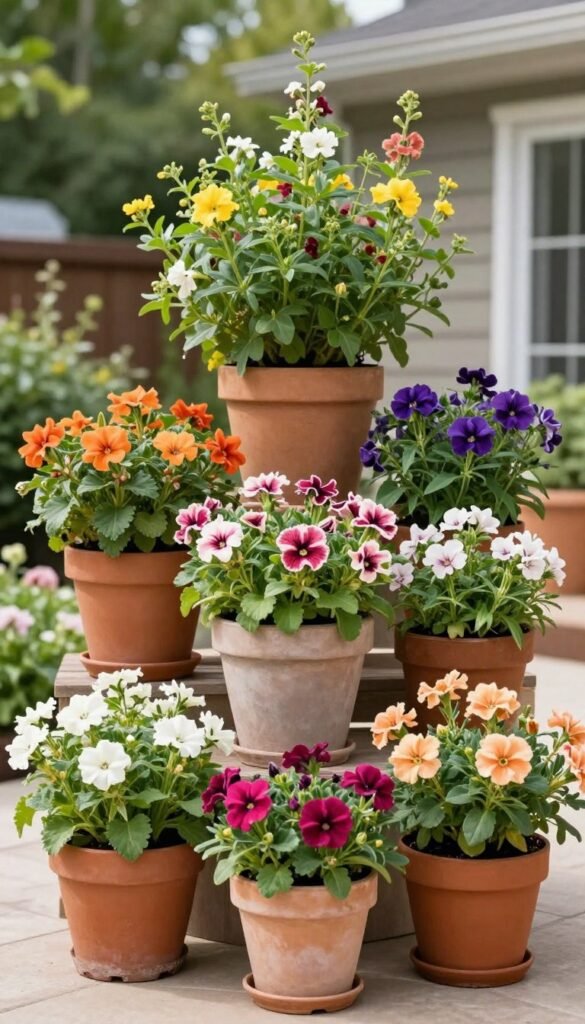 Container garden with annual flowers on patio