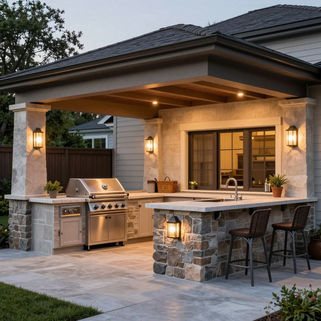 Covered outdoor kitchen with grill and bar seating