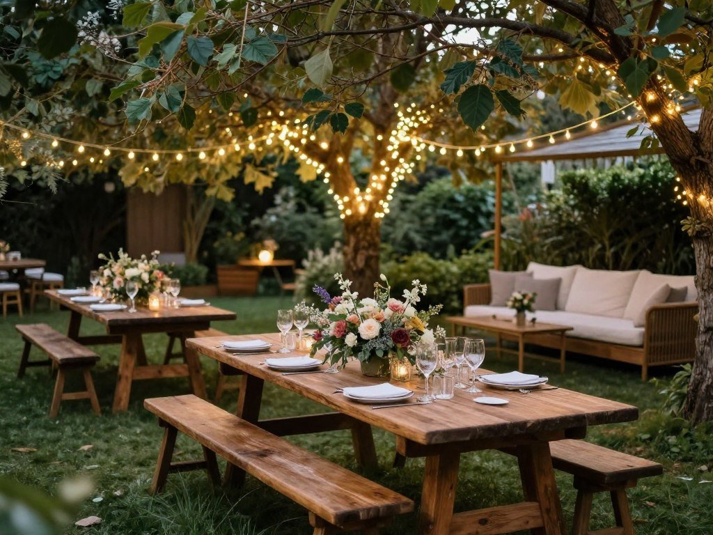 Cozy backyard wedding reception with rustic decorations and fairy lights in garden setting
