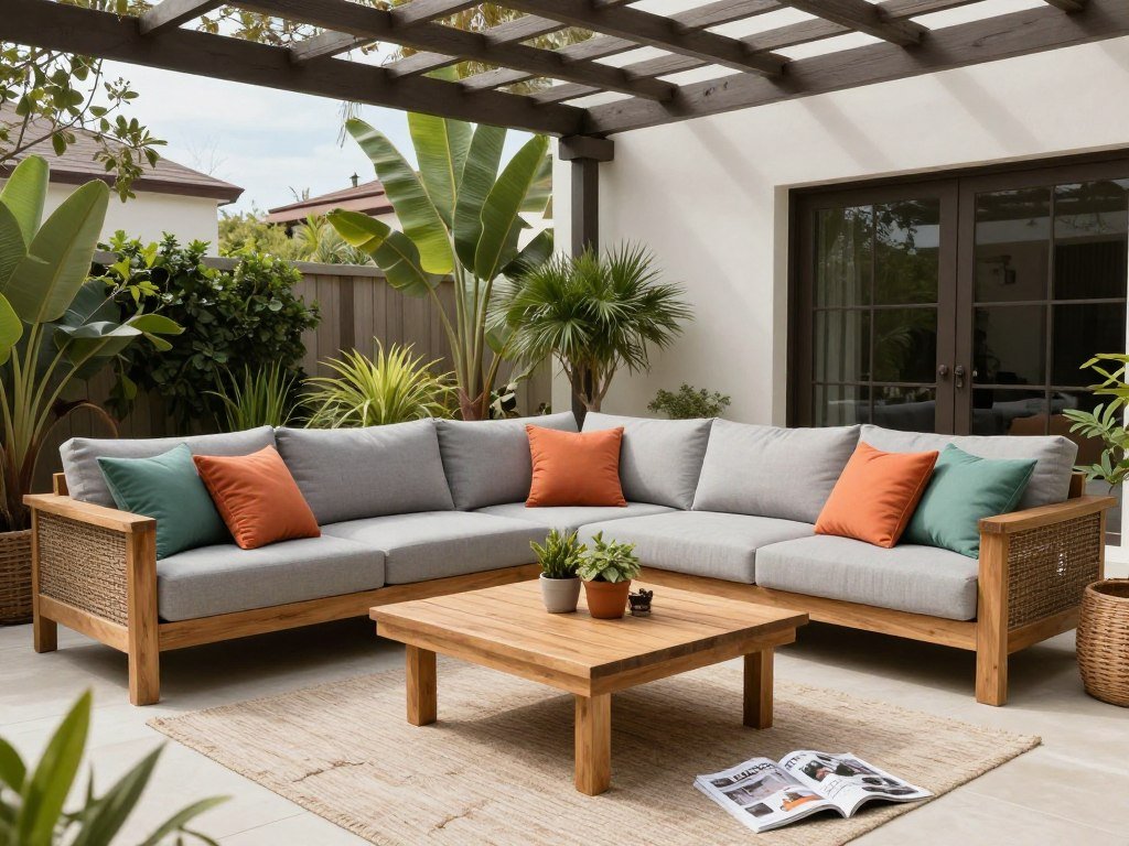 Cozy outdoor living room with comfortable sectional sofa and throw pillows