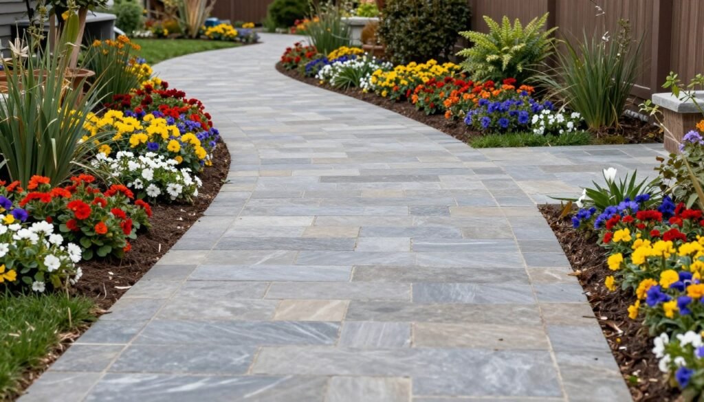 Curved stone pathway through backyard landscape with garden beds