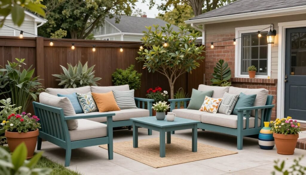 DIY backyard improvements including painted furniture and container plantings