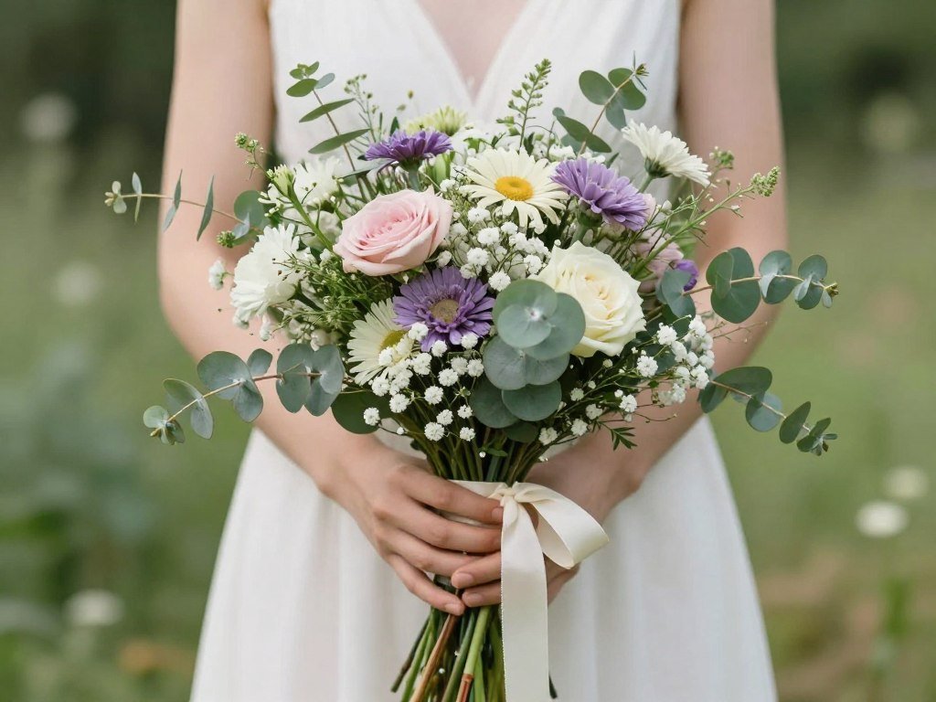 DIY wedding bouquet with affordable flowers and greenery from farmers market