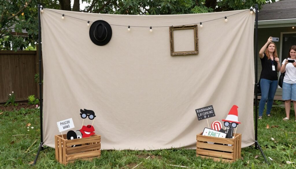DIY wedding photo booth area with props and backdrop in backyard